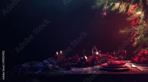 Christmas food menu, dinner table place setting, dark festive background. The table is covered with a modern christmass decoration based on the christmas trends 2024. New Year eve 2025. photo