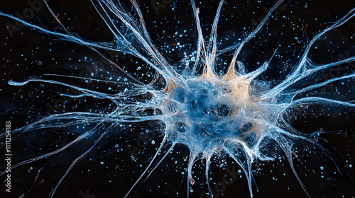 A visually striking abstract image resembling a neuron structure exploding in blue hues against a deep black background