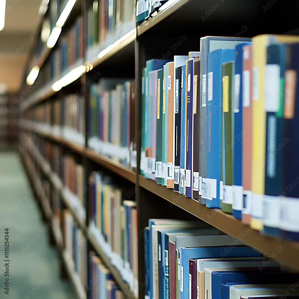 A shot of a row of neatly arranged library books on a shelf A shot of a row of neatly arranged library books on a shelf