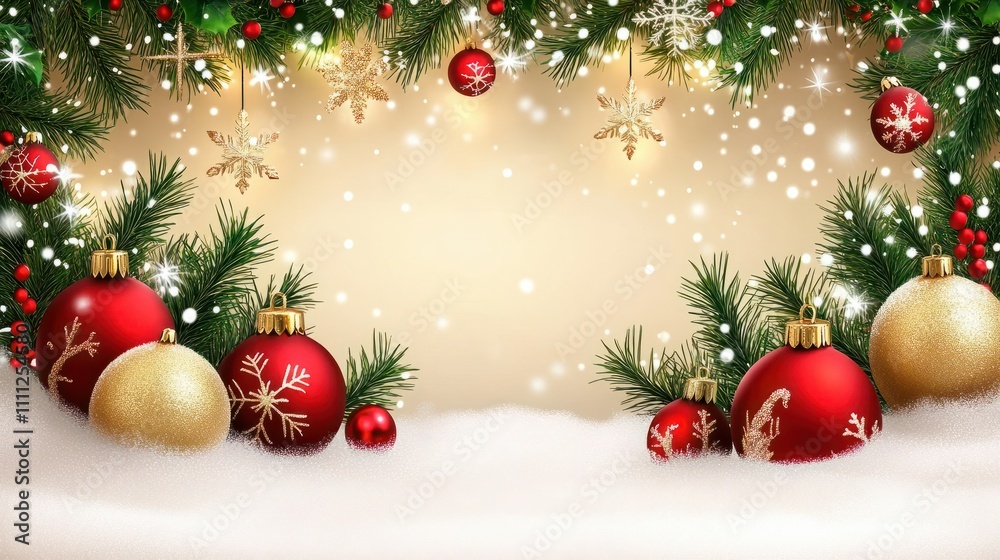 Christmas Holiday background with snow, fir tree and decorations with christmas light behind Christmas Holiday background with snow, fir tree and decorations with christmas light behind