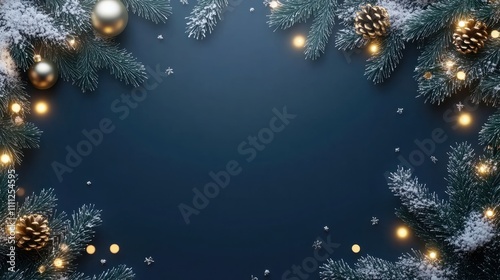 Christmas Holiday background with snow, fir tree and decorations with christmas light behind