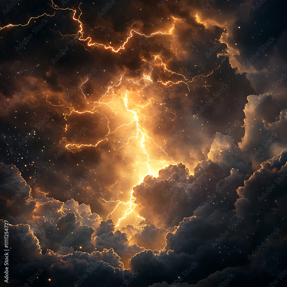 Obraz premium A stormy dark sky with black clouds and sparkling lightning from behind which the sun and direct sunlight are visible