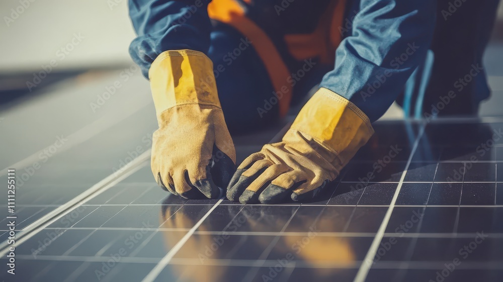 Worker in Protective Gloves Installing Solar Panels on a Rooftop, Focusing on Renewable Energy Solutions and Sustainable Technology for a Greener Future Worker in Protective Gloves Installing Solar Panels on a Rooftop, Focusing on Renewable Energy Solutions and Sustainable Technology for a Greener Future