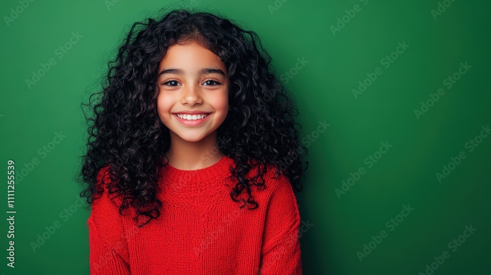 Obraz premium Cheerful young Middle Eastern girl with curly black hair in a bright red sweater standing against a solid green background