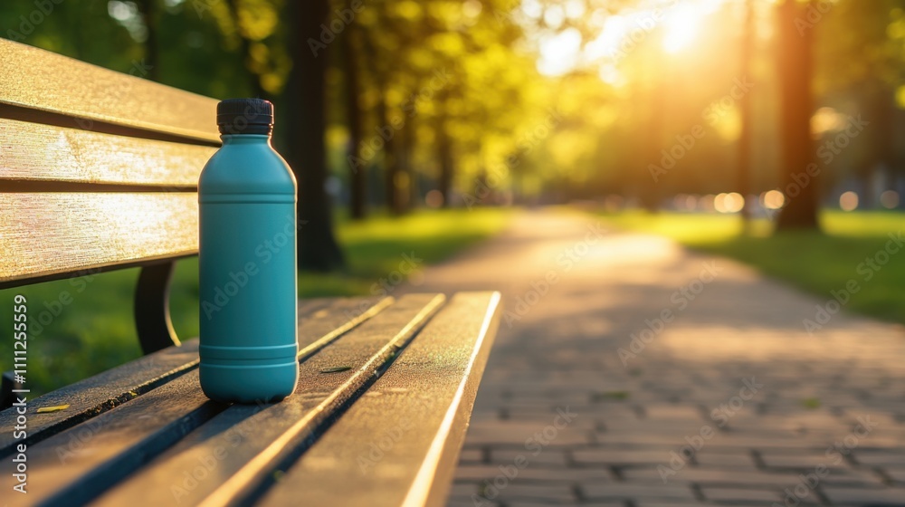 A Serene Park Scene Featuring a Stylish Blue Water Bottle on a Wooden Bench Bathed in Golden Sunlight, Perfect for Lifestyle or Health Themes A Serene Park Scene Featuring a Stylish Blue Water Bottle on a Wooden Bench Bathed in Golden Sunlight, Perfect for Lifestyle or Health Themes