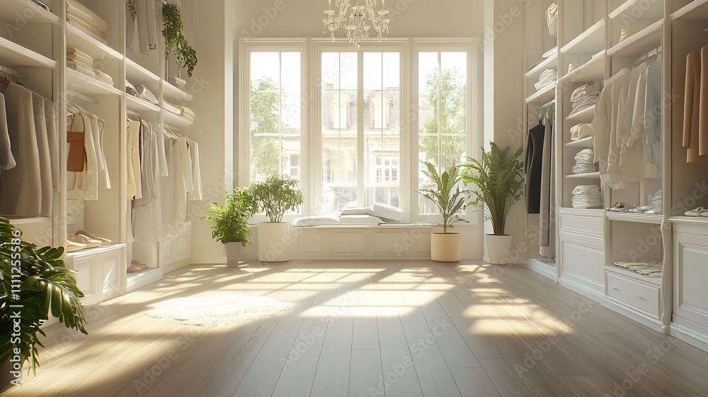 Sunlit walk-in closet with white built-in wardrobes, plants, and hardwood floor. Sunlit walk-in closet with white built-in wardrobes, plants, and hardwood floor.