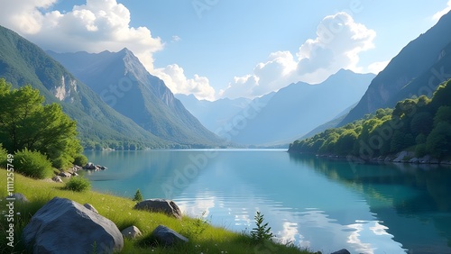 A beautiful lake is in a valley, surrounded by majestic mountains