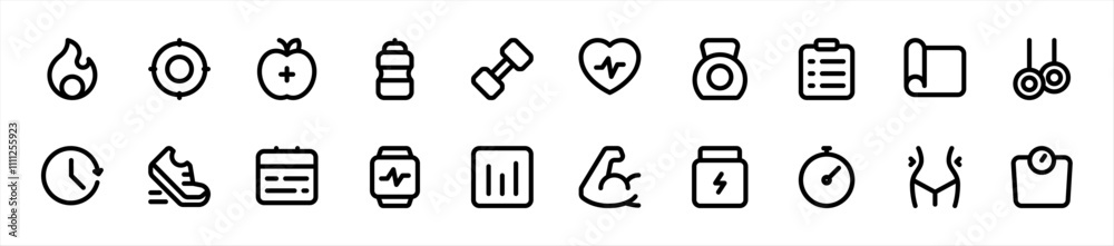 Fototapeta premium Set of fitness app icons. 20 sets of fitness app icons. Fitness app icons. Simple line fitness app icons 