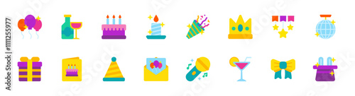 Set of birthday icons. 16 sets of birthday icons. birthday icons. Simple flat color birthday icons	