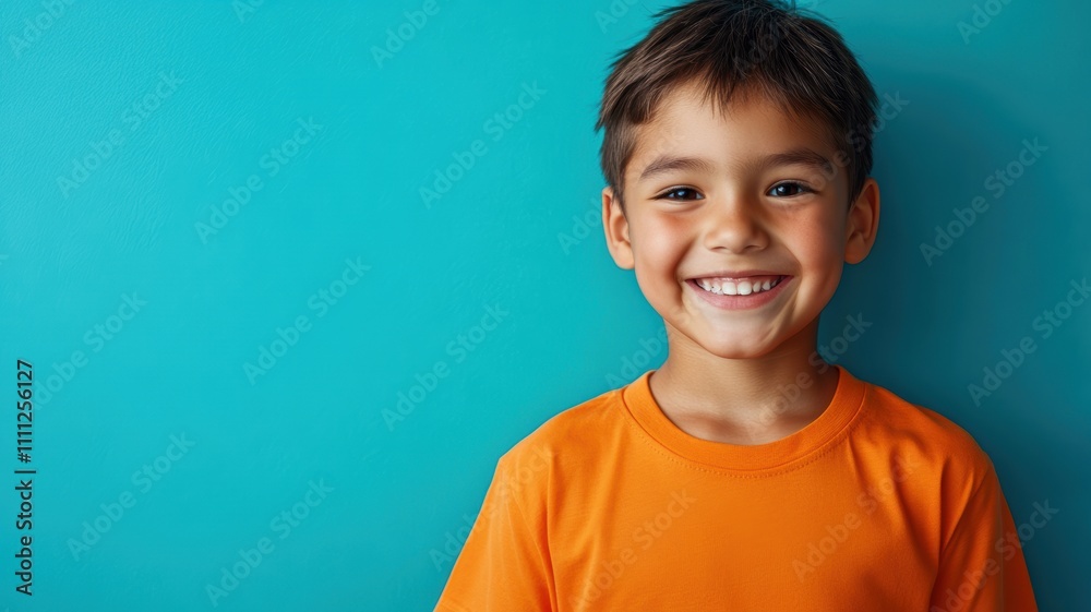 Happy young Native American boy in bright orange T-shirt standing against solid blue background Happy young Native American boy in bright orange T-shirt standing against solid blue background