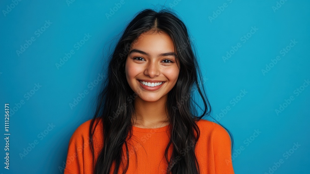 Happy young Native American woman in bright orange top standing against solid blue background Happy young Native American woman in bright orange top standing against solid blue background