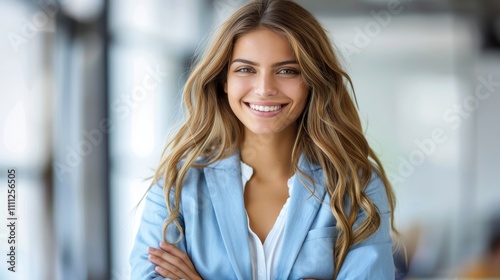 Confident hispanic businesswoman in formal suit smiling with arms crossed in modern office setting Free Download Confident hispanic businesswoman in formal suit smiling with arms crossed in modern office setting - GFXLoad