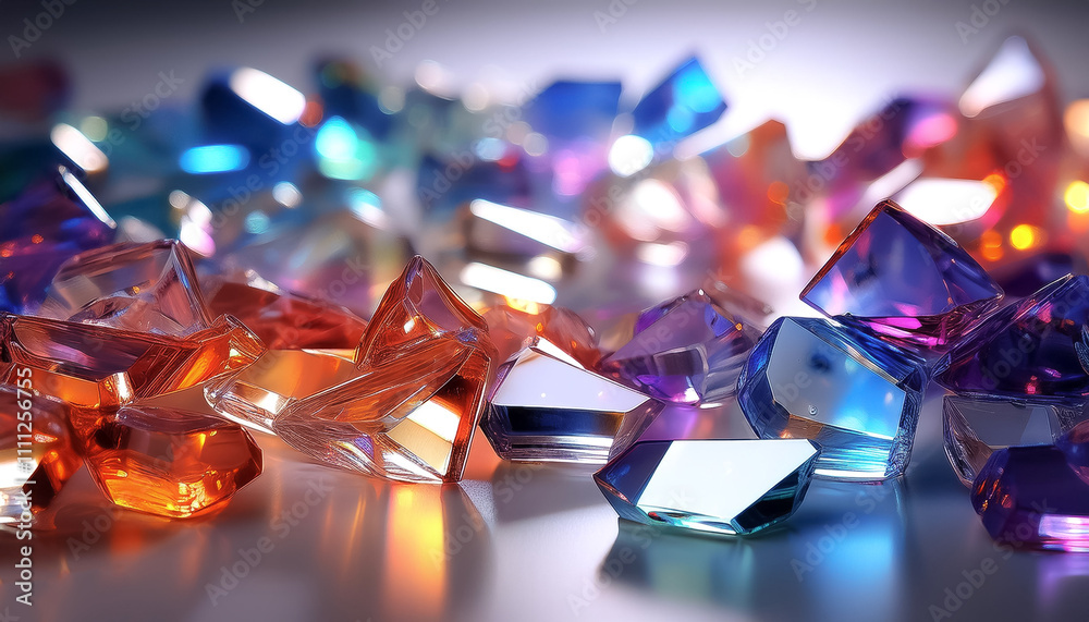 Shards of glass on a white surface, with lights creating a colored glow Shards of glass on a white surface, with lights creating a colored glow