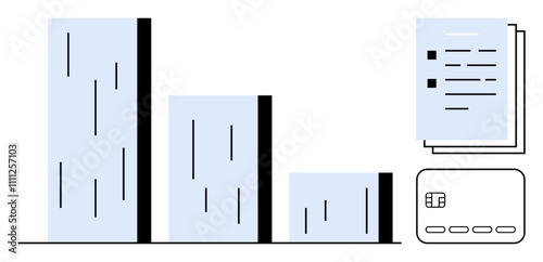 Bar chart with three vertical bars of different heights, stack of documents, and a credit card. Ideal for business analysis, financial reports, payment processing, data presentation, economic trends