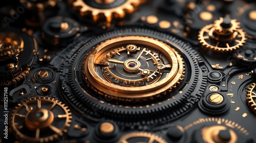 clock gear background and black and gold color abstract. 3d, rendering, illustration