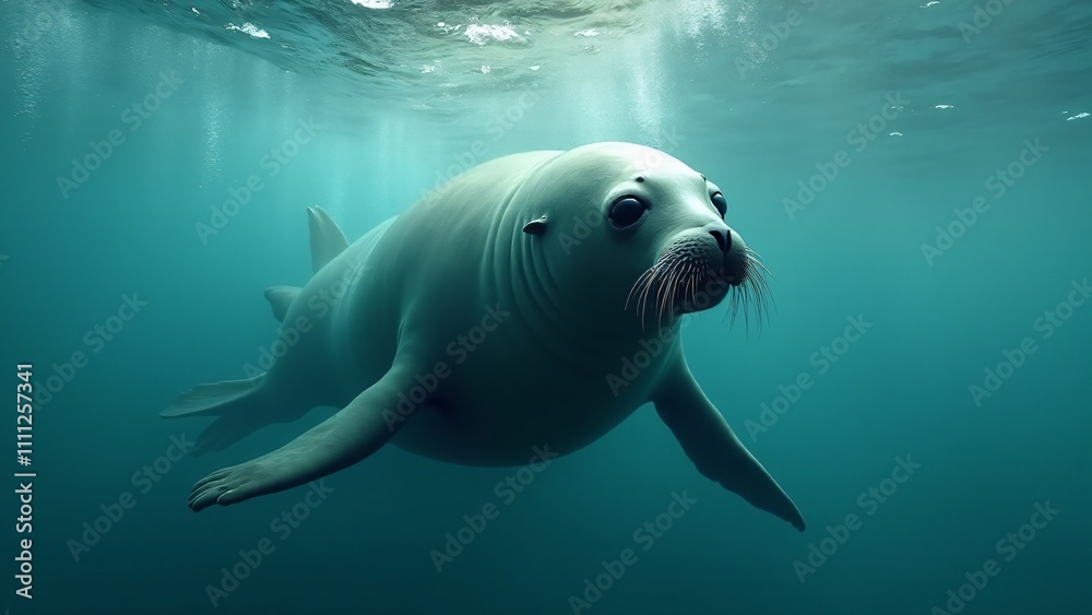 Fototapeta premium An elephant seal swimming through the water, showcasing its agility and power in its aquatic environment.