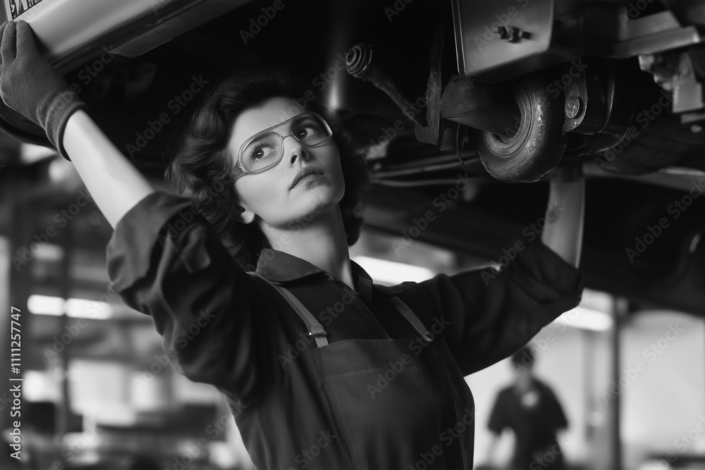 Frau arbeitet an Auto in einer Werkstatt
Frau arbeitet an Auto in einer Werkstatt
