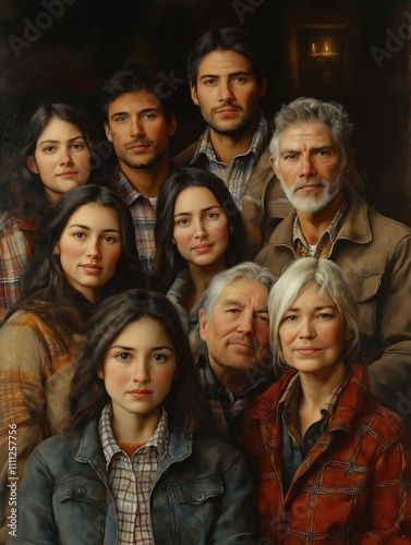 Generational family portrait indoor home setting. Parents grandparents, children look at camera. Family members wear casual clothing. Warm lighting suggests cozy home atmosphere. Portrait captures