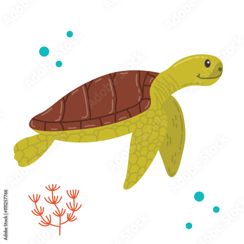 Cute cartoon big sea turtle in flat style isolated on white background. Marine fauna, happy sea animal.