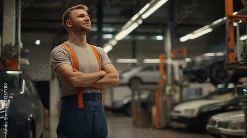 Kraftvolle Ausstrahlung eines Mechanikers in einer Werkstatt

 photo