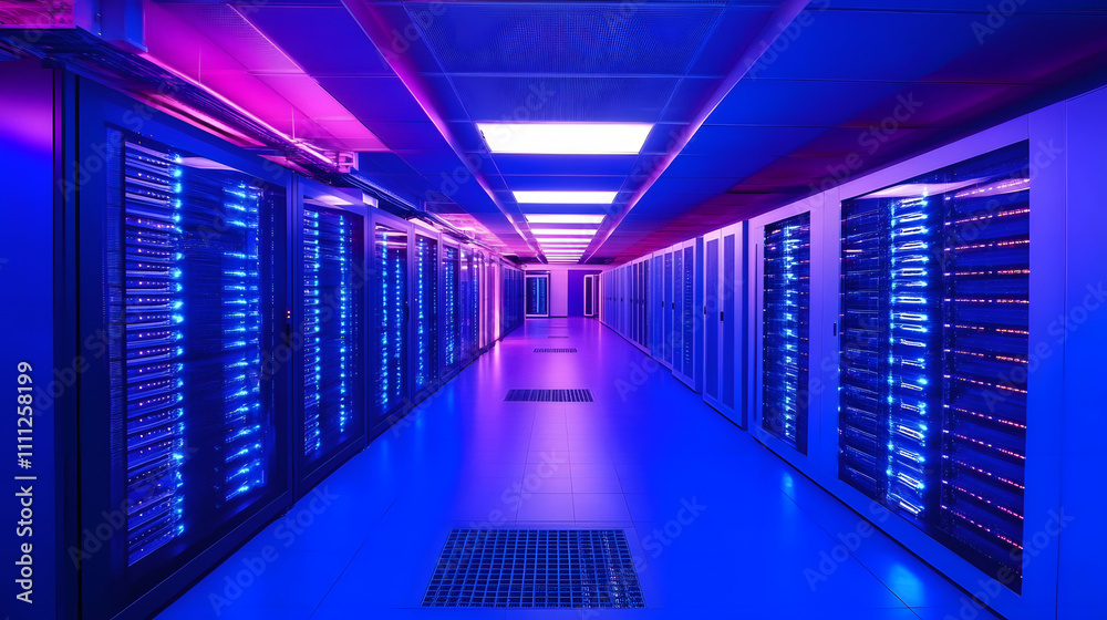 
Inside Large Data Center. Advanced Cloud Computing Concept. Corridor with Server Racks and Cabinets full of Hard Drives