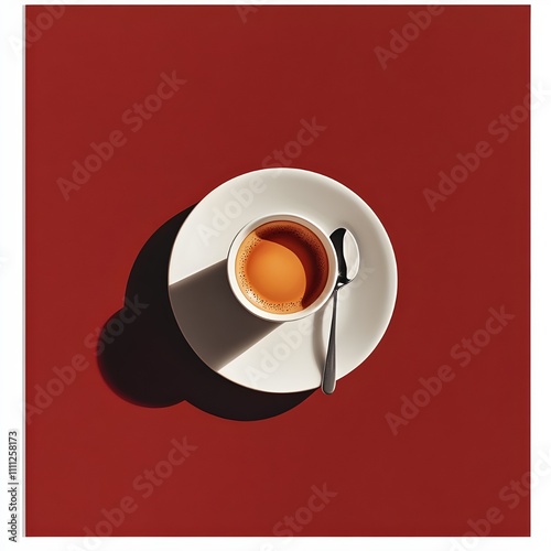 retro image of espresso white porcelain cup with saucer and spoon centered on dark red background