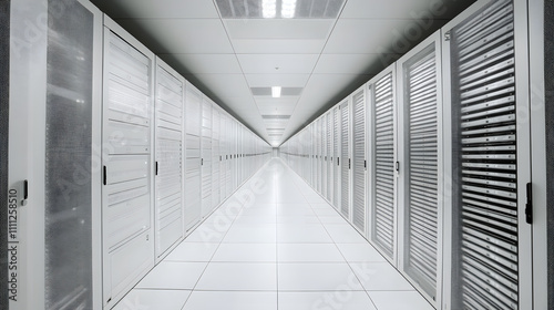  Inside Large Data Center. Advanced Cloud Computing Concept. Corridor with Server Racks and Cabinets full of Hard Drives