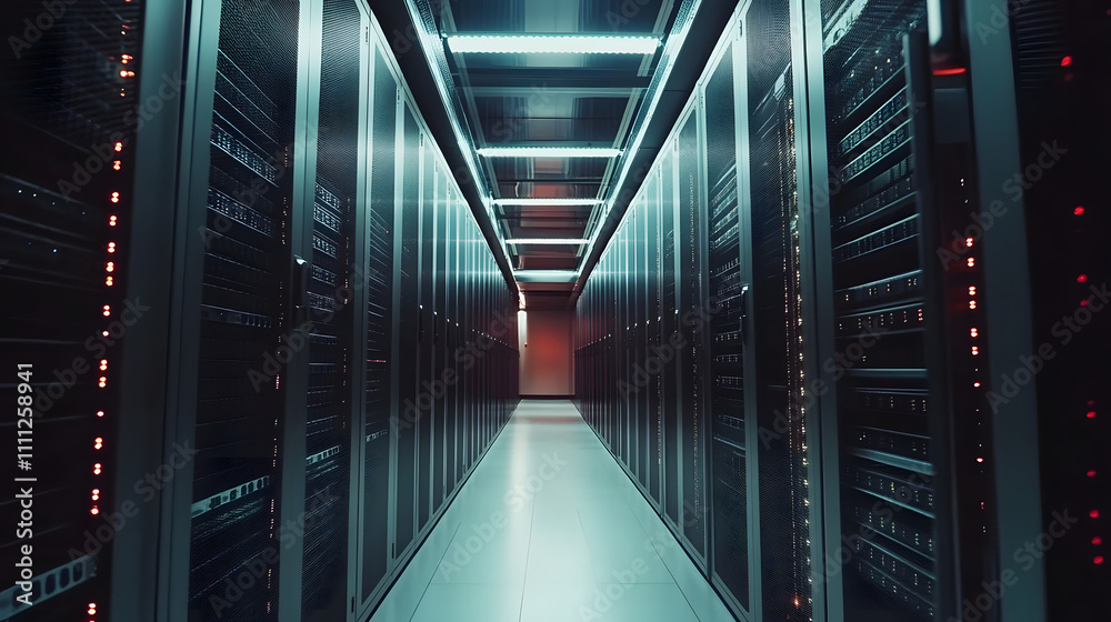 Fototapeta premium Inside Large Data Center. Advanced Cloud Computing Concept. Corridor with Server Racks and Cabinets full of Hard Drives