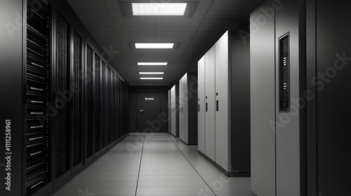  Inside Large Data Center. Advanced Cloud Computing Concept. Corridor with Server Racks and Cabinets full of Hard Drives