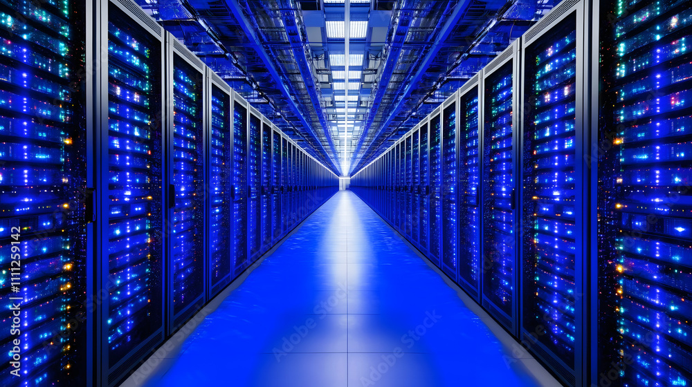 
Inside Large Data Center. Advanced Cloud Computing Concept. Corridor with Server Racks and Cabinets full of Hard Drives