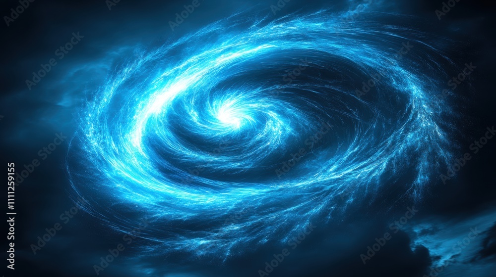Abstract swirling blue galaxy in dark space with glowing energy trails, illustrating the beauty of the universe and concept of cosmic phenomena and astronomical wonders Abstract swirling blue galaxy in dark space with glowing energy trails, illustrating the beauty of the universe and concept of cosmic phenomena and astronomical wonders