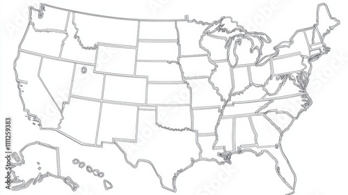 Simplified Outline Map of the United States Including Hawaii and Alaska, Ideal for Educational Purposes, Presentations, and Design Projects