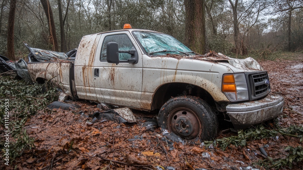 Abandoned White Pickup Truck Covered in Rust and Debris Surrounded by Overgrown Trees and Fallen Leaves in a Quiet Forest Setting Abandoned White Pickup Truck Covered in Rust and Debris Surrounded by Overgrown Trees and Fallen Leaves in a Quiet Forest Setting