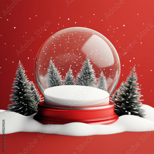 Christmas glass snow globe empty stands on the snow with fir trees. Red background with realistic 3d transparent snow ball. Xmas platform podium. Holiday banner and poster. vector illustration