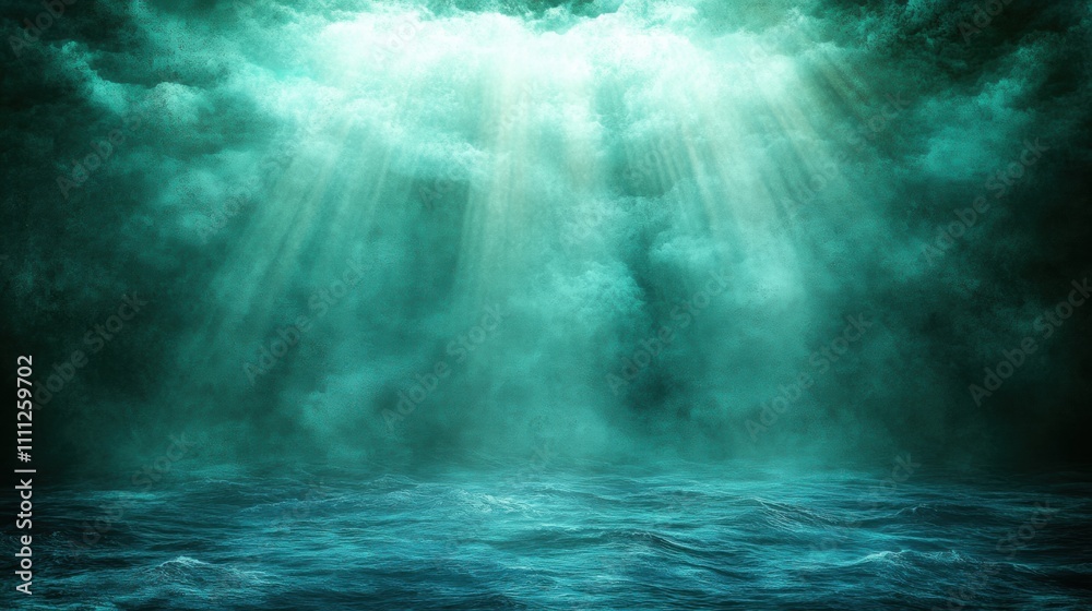 Ethereal Ocean Scene with Enigmatic Light Rays Piercing Through Dark Clouds Creating a Mystical and Serene Atmosphere Over Calm Water Surface Ethereal Ocean Scene with Enigmatic Light Rays Piercing Through Dark Clouds Creating a Mystical and Serene Atmosphere Over Calm Water Surface