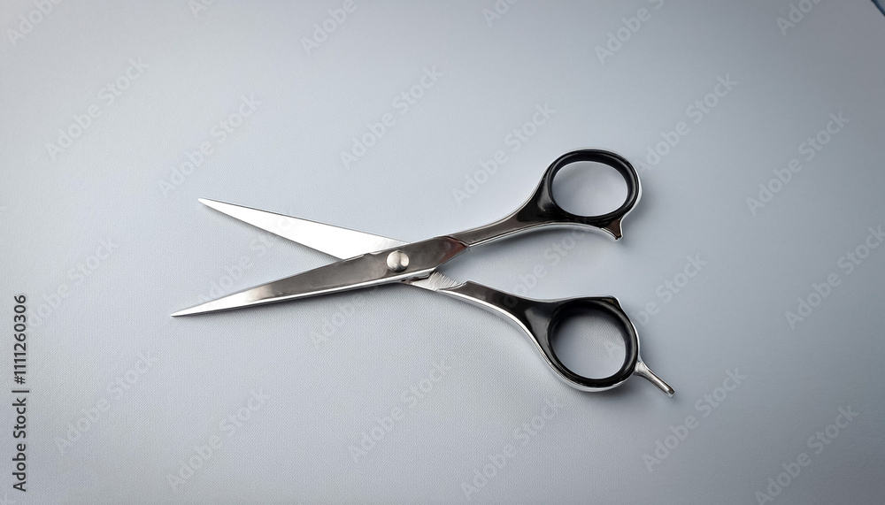 Scissors laid open on a light gray pastel background Scissors laid open on a light gray pastel background