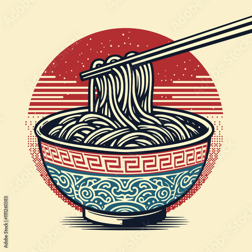 Classic Noodle Bowl with Red Sun Background, Vintage Ramen Noodles with Chopsticks