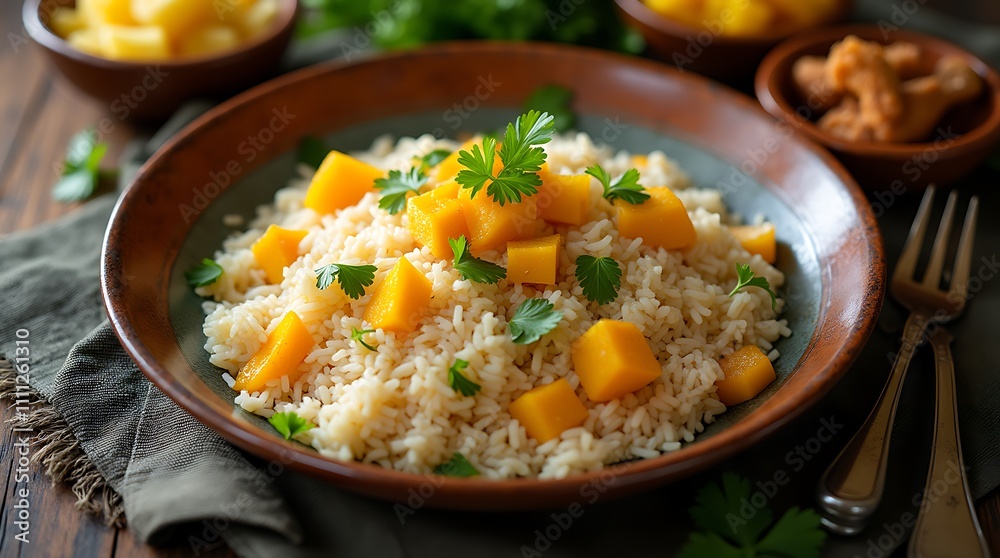 Arroz com Pequi Served on a Rustic Ceramic Plate Arroz com Pequi Served on a Rustic Ceramic Plate