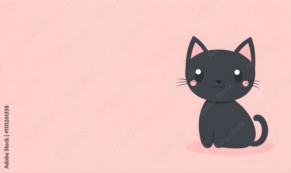 Black cat with cute eyes featuring a simple art style on a pastel pink background