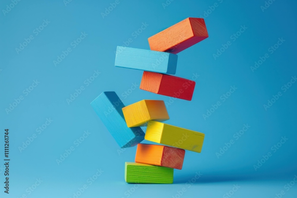 Colorful wooden building blocks stacked creatively on a bright blue background, showcasing balance and playfulness. Ideal for children’s education and creativity. Colorful wooden building blocks stacked creatively on a bright blue background, showcasing balance and playfulness. Ideal for children’s education and creativity.