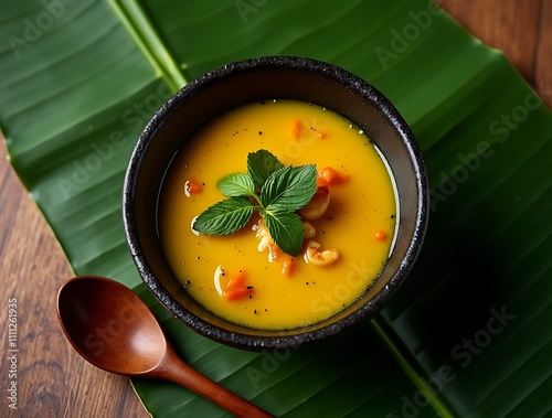 Tacacá Served in a Rustic Black Clay Bowl with Bright Yellow Tucupi Broth