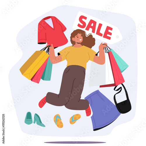 Happy woman crazy shopaholic cartoon character jumping with lots of shopping bags enjoying sales