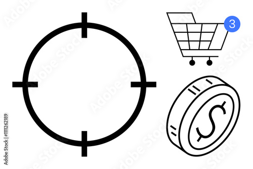 Bullseye target, shopping cart with 3 notifications, and a coin with a dollar sign. Ideal for e-commerce, online marketing, retail sales, financial services, business strategy, digital campaigns