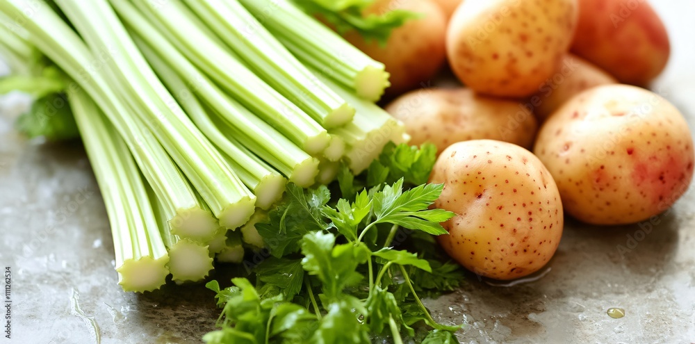 Fresh celery and potatoes with parsley on a surface, ideal for cooking or meal prep.