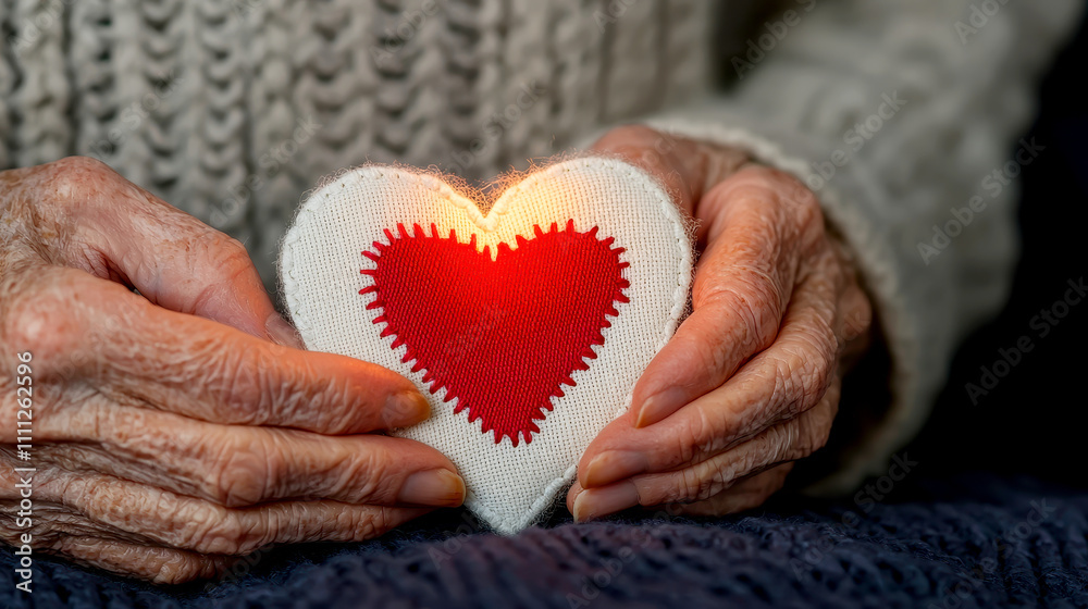Concept of heart health in elderly women. A person holding a knitted heart, symbolizing love and care in a cozy setting. Concept of heart health in elderly women. A person holding a knitted heart, symbolizing love and care in a cozy setting.