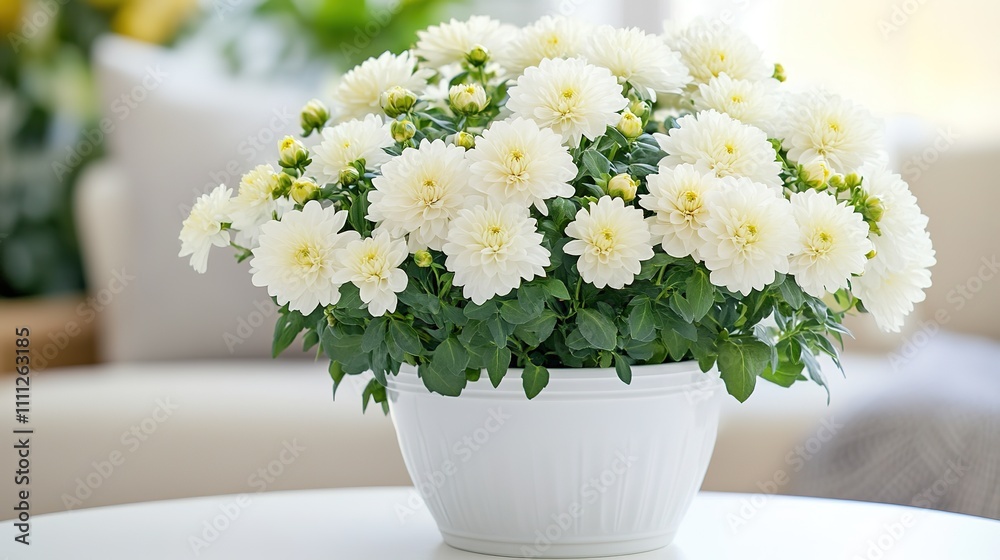 Close-up of cute flowers in white pot on white table Close-up of cute flowers in white pot on white table