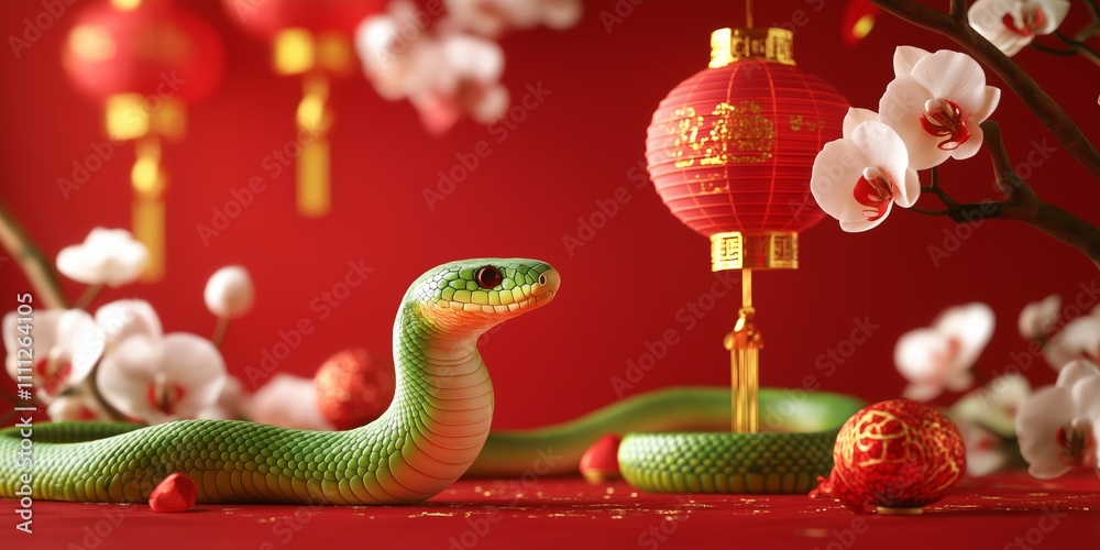 Fototapeta premium Cute Green Snake Celebrating Chinese New Year in Festive Red Theme