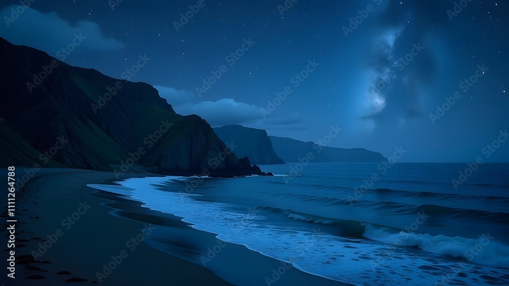 Pixel art of a beach scene at night with mountains in back Pixel art of a beach scene at night with mountains in back