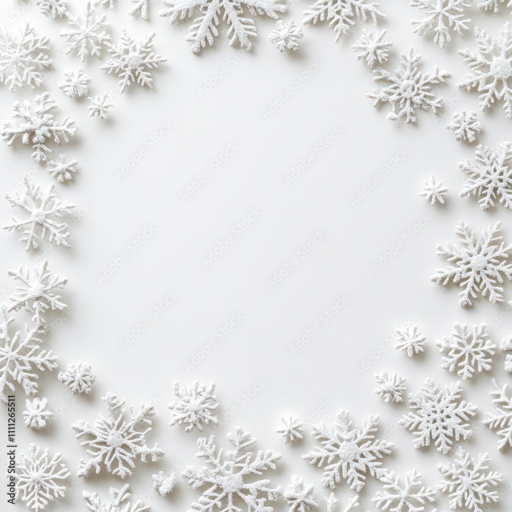 White background with decorative snowflakes placed around the frame, copy space in the center White background with decorative snowflakes placed around the frame, copy space in the center