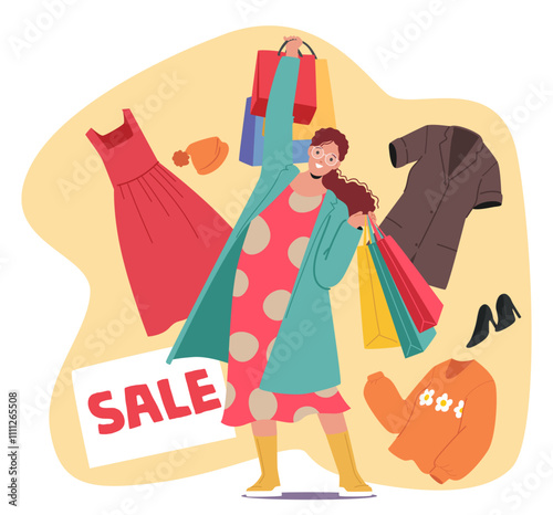 Happy woman shopaholic cartoon character pulling heavy shopping bags with purchases rejoicing sales
